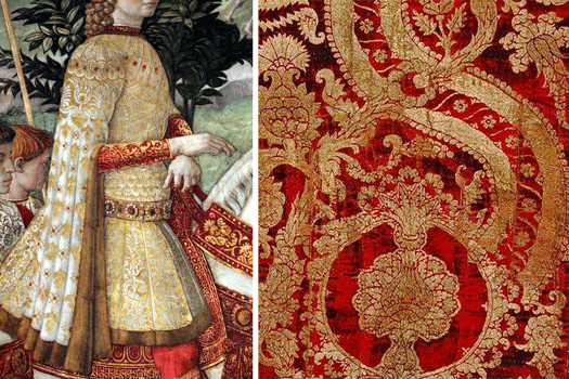 Lorenzo de’ Medici as the young |Magus Caspar, and a panel of crimson and gold Italian brocade.