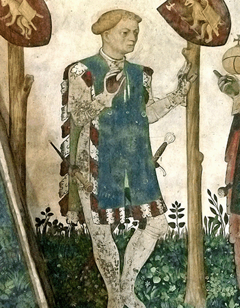 The figure of Hector, one of the Nine Worthies in the frecoes in the audience chamber of La Manta Castle. This is also a portrait of Valerano del Vasto.