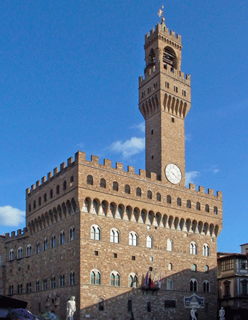 Arnolfo di Cambio built the Palazzo Vecchio around a pre-existing tower of the Foraboschi family, using it as the base of the new tower, which is why it is off-centre in the façade.